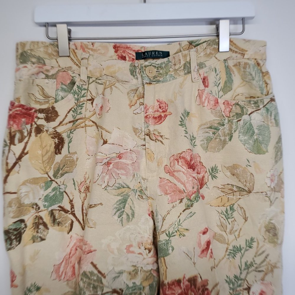 90s Lauren Ralph Lauren Floral Linen Pants Hi-Rise - Picture 4 of 6